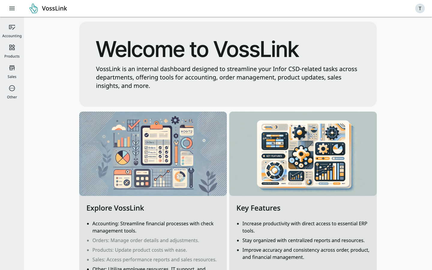 VossLink internal operations platform dashboard